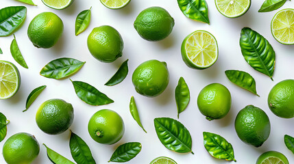 Wall Mural - lime fruits, a scattered arrangement of lime fruits and lime leaves on a pure white background