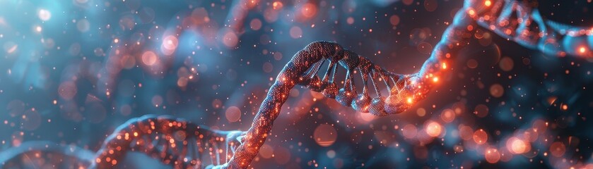 Wall Mural - close-up of glowing dna strand with bokeh effect in a futuristic scientific background