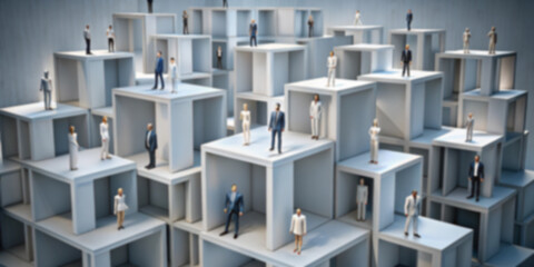 A many blurry business people in cube 3D structures. Business and finance concept.3D render. 3D Illustration background.