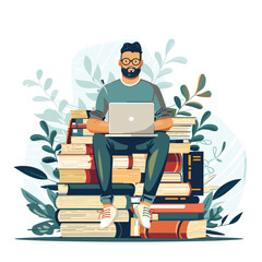 Bearded man working on laptop surrounded by stacked books, flat vector art.
