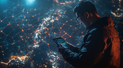 Poster - person using a tablet while standing against a backdrop of a digital world map illuminated by networ
