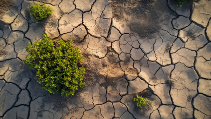 Aerial view of cracked earth and green shrub