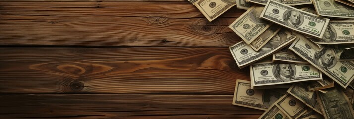 A collection of US dollar bills spread on a wooden surface, symbolizing wealth, finance, and economic prosperity.