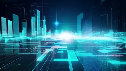 Poster - Glowing digital lines forming a futuristic cityscape over a circuit board, evoking technological advancement and innovation in urban development