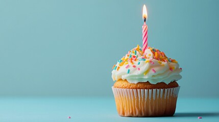 Delicious Birthday Cupcake with Candle on Light Blue Background