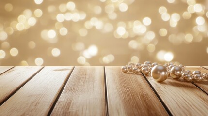 Empty wooden table in elegant design gold theme and bokeh for product presentation.