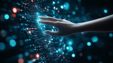 Poster - A hand reaching towards a floating digital display with glowing connections and particles