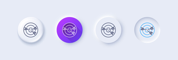 Wall Mural - Target line icon. Neumorphic, Purple gradient, 3d pin buttons. Marketing targeting strategy symbol. Aim with arrows sign. Line icons. Neumorphic buttons with outline signs. Vector