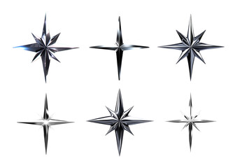 Poster - Glossy silver metal 4 point stars isolated. Shiny chrome sparkle 3D icons png. Ai generated metallic elements