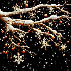 Wall Mural - Golden Snowflakes on Snowy Branch