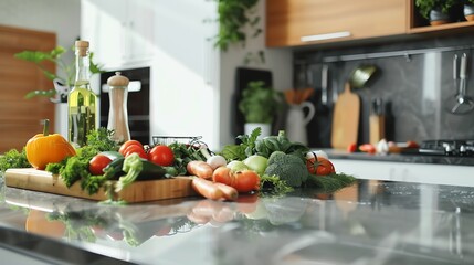 Fresh vegetables on a kitchen counter with a wooden cutting board.