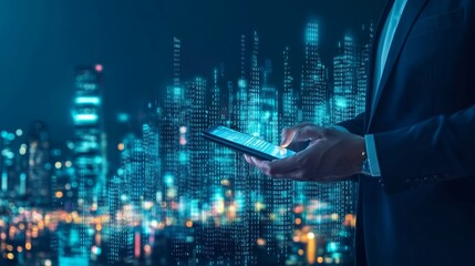 Poster - business professional using a smartphone in a futuristic cityscape at night