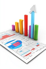 Poster - 3D graph with colorful bars and arrow indicating growth on financial document