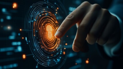 Poster - a person interacting with a digital fingerprint interface in a modern technology setting