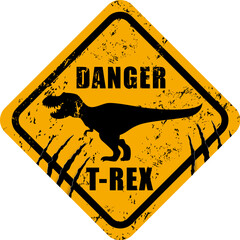 Wall Mural - dinosaur warning sign, claw scratch marks and vector silhouette of tyrannosaurus on grunge yellow di