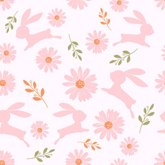 Wall Mural - Seamless pattern of pink daisy, green leaves and pink bunny rabbit cartoon on white background vector.