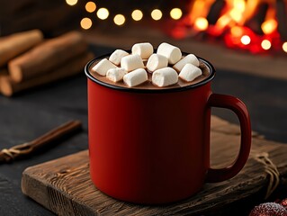 Closeup of a steaming mug of hot chocolate topped with marshmallows, set on a table with a background of Christmas lights and a cozy fireplace