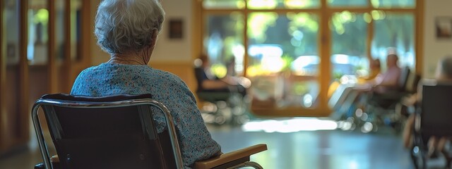 An elderly woman in a wheelchair sits in a room with other people