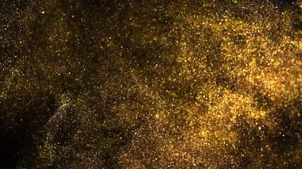 Wall Mural - floating gold sparks, glitter golden sparkles explosion on black background. flying gold particles, 