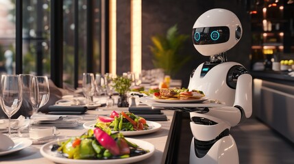 Poster - Futuristic smart robot waiter serving food in a modern restaurant, showcasing the innovation of automated dining.