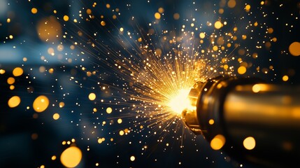 Poster - sparkling gold light emanating from a metal nozzle in a dark environment at night