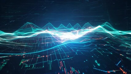 Poster - Glowing lines and geometric shapes create a futuristic digital landscape representing concepts such as big data, artificial intelligence, and the metaverse