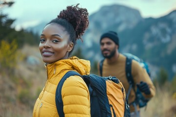 Wall Mural - Black woman and her boyfriend hiking in mountains, Generative AI
