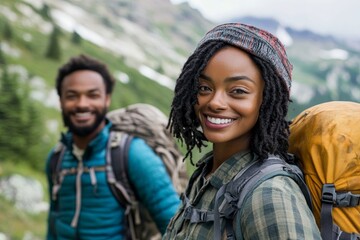 Wall Mural - Black woman and her boyfriend hiking in mountains, Generative AI