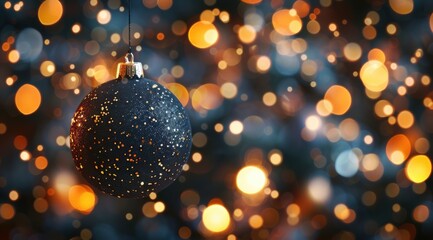 A black and gold glittery Christmas tree ball hanging in the air, surrounded blurred lights, creating an enchanting atmosphere.