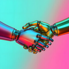Poster - colorful robotic arms shaking hands on a gradient background