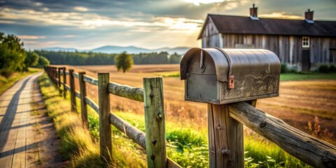 Rustic old country mailbox next to weathered farm fence