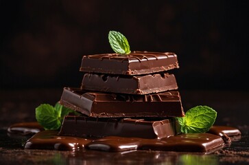 A close up studio shot of bunch of pieces of a dark chocolate bar decorated with fresh green mint leaves on black background. Delicious sweet dessert food photography illustration.