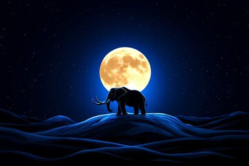 a surreal image of an elephant standing on a hill under a full moonlit night sky, with the moon illu