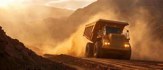 Large dump truck driving on a dirt road, kicking up dust.