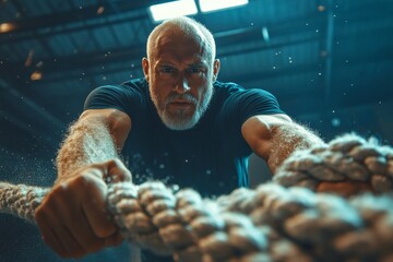 Mature athlete exercises with battle ropes on sports training in gym, Generative AI