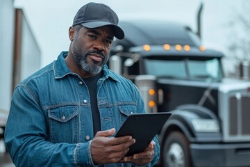 Freight transportation manager and black truck driver going through checklist on parking lot, Generative AI