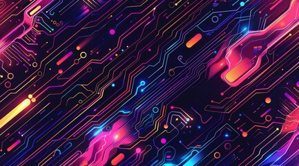 Poster - This vibrant abstract design incorporates flowing lines and vivid neon colors, evoking the look of a circuit board