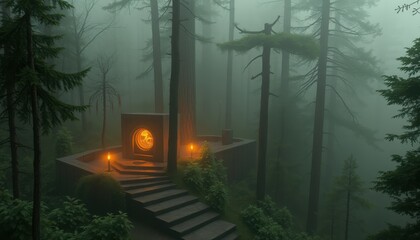 Sticker - Mysterious Stone Structure in a Foggy Forest.