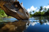 Close-up of a dinosaur drinking water from a serene lake with tropical palm trees and a bright blue sky in the background.