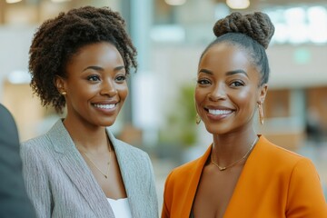 Happy black businesswoman talks to female mentor who leads her through office building, Generative AI