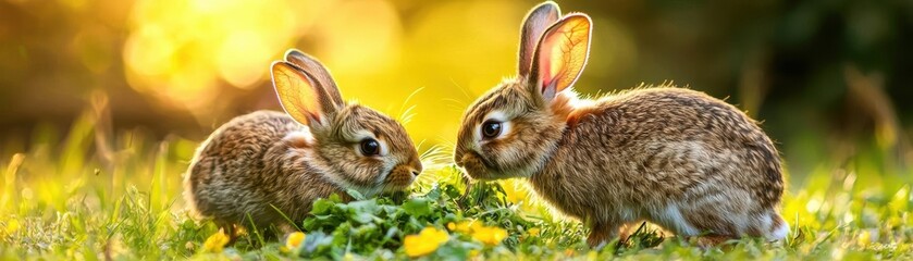 Two cute rabbits enjoying a meal in a sunny meadow.