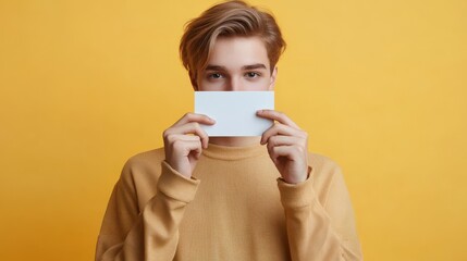 Young person holding blank card over face against yellow background, expressing curiosity, mystery, and anonymity. Casual and modern style.