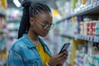 © Kishan - Young black woman using cell phone while looking for medicine in pharmacy, Generative AI