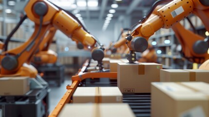 Orange robotic arms sorting packages on a conveyor belt in a warehouse.