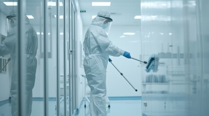 Poster - In a cleanroom environment, a worker in safety gear mops down a wall with precision and care.