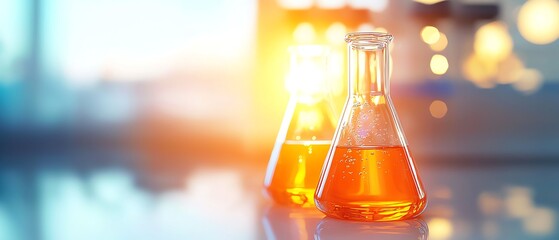 close-up of two laboratory flasks filled with orange liquid, glowing in a bright and vibrant scienti