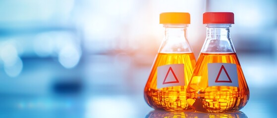 Two flasks contain vibrant orange liquid, showcasing a laboratory setting with a blurred background, perfect for science themes.