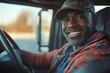 © Kishan - Happy black driver driving his truck and looking at camera, Generative AI