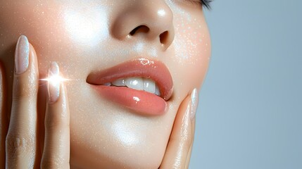 Wall Mural - Close-up of Woman's Face with Glitter Makeup and Glossy Lips.