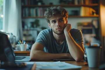 Wall Mural - Young pensive man working at home and thinking of something, Generative AI